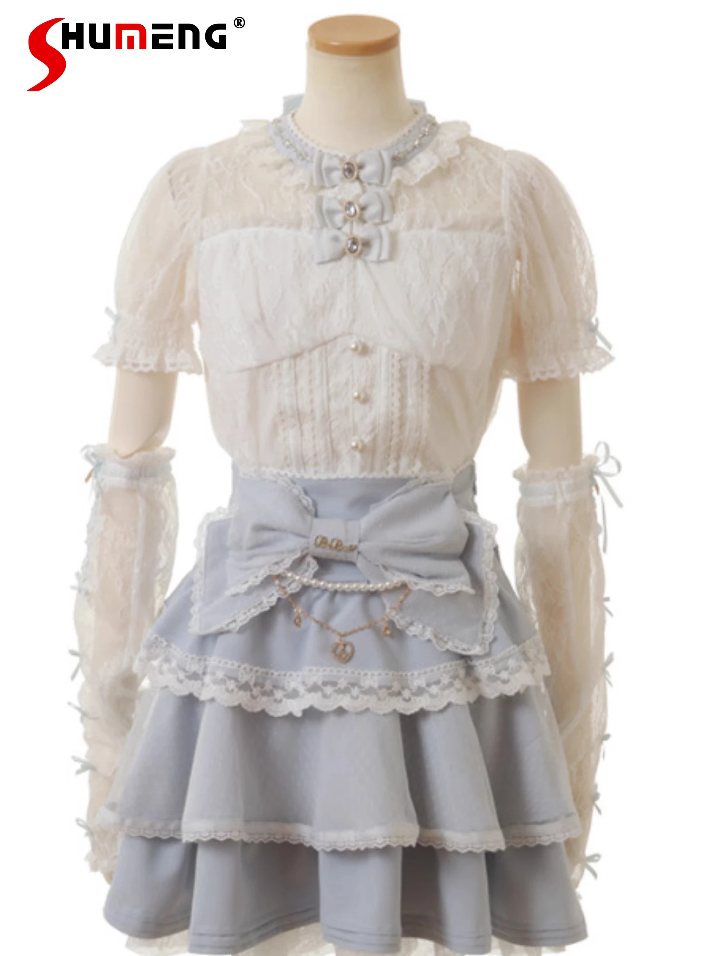 

Japanese Liz Mine Style Mass-produced Blouse Lace Bow Bubble Sleeve Pearl Single-breasted Sweet Versatile Lolita Shirt Top Women