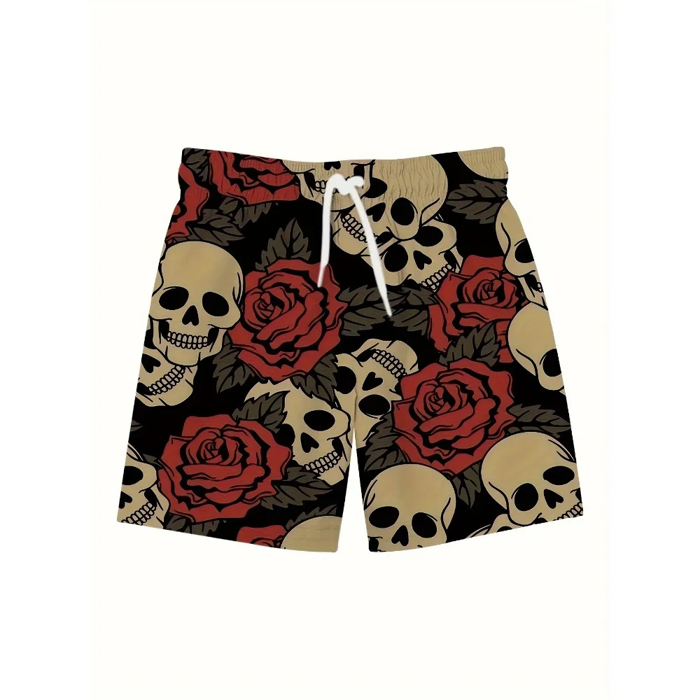 Skulls & Roses Pattern Allover Print Men's Loose Beach Shorts Activewear, Drawstring Quick Dry Shorts, Lightweight Shorts