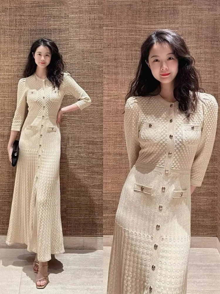 CHUJIE 2025 Robe d'été d'inspiration française – Midi en tricot transparent avec accent de boutons, coupe défini à la taille en kaki/bleu