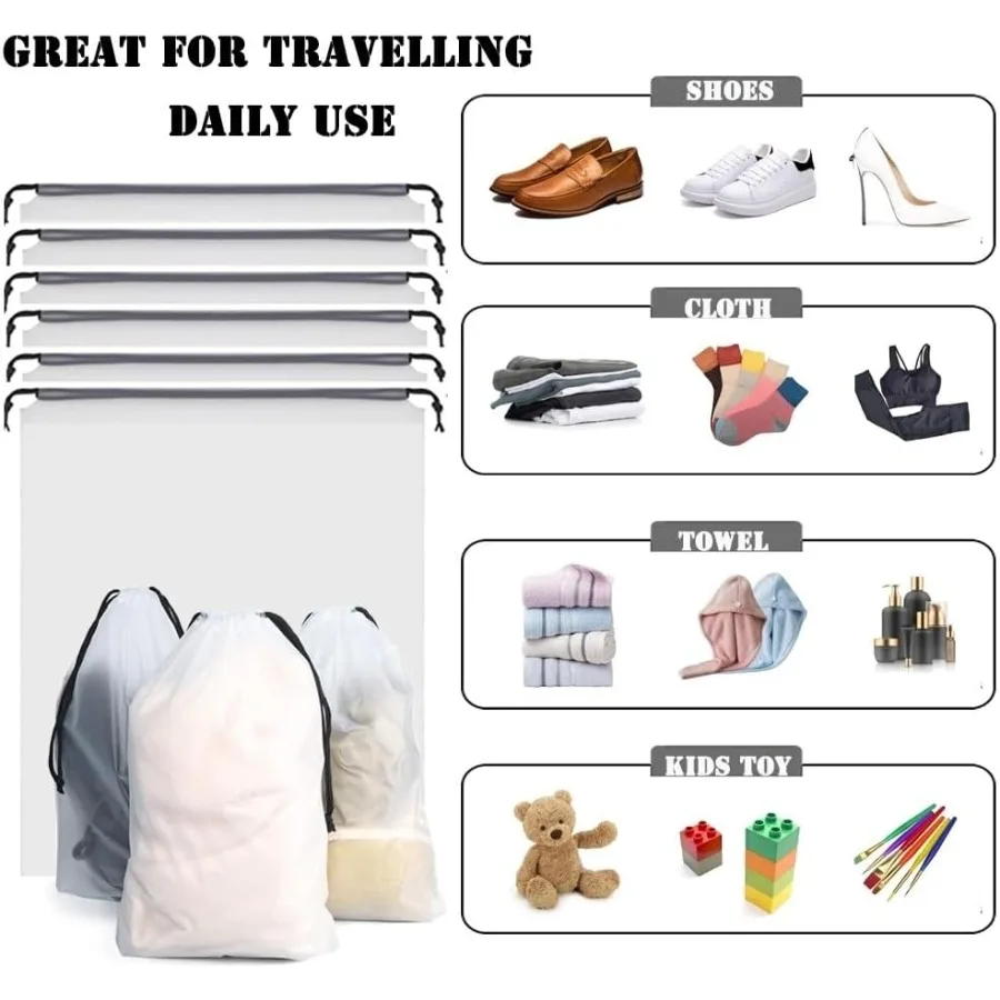 12 Uds. Bolsas transparentes para zapatos de viaje, 11,8 pulgadas X 15,7 pulgadas, bolsas transparentes portátiles para almacenamiento de zapatos con cuerda, cordón grande para accesorios fáciles
