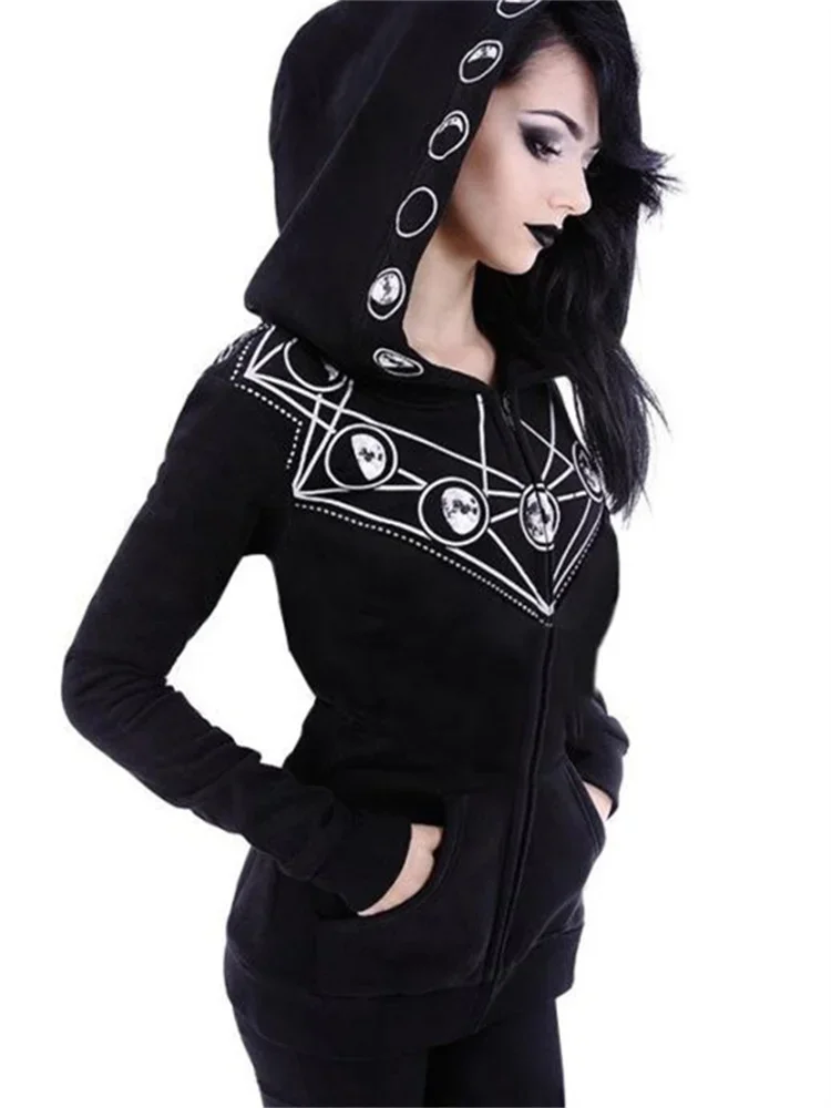 Dark Wind Gothic Long Sleeve Black Printing Hooded Sweater Street Style Harajuku Vintage Tops Women\'s Top In Autumn Winter 2022