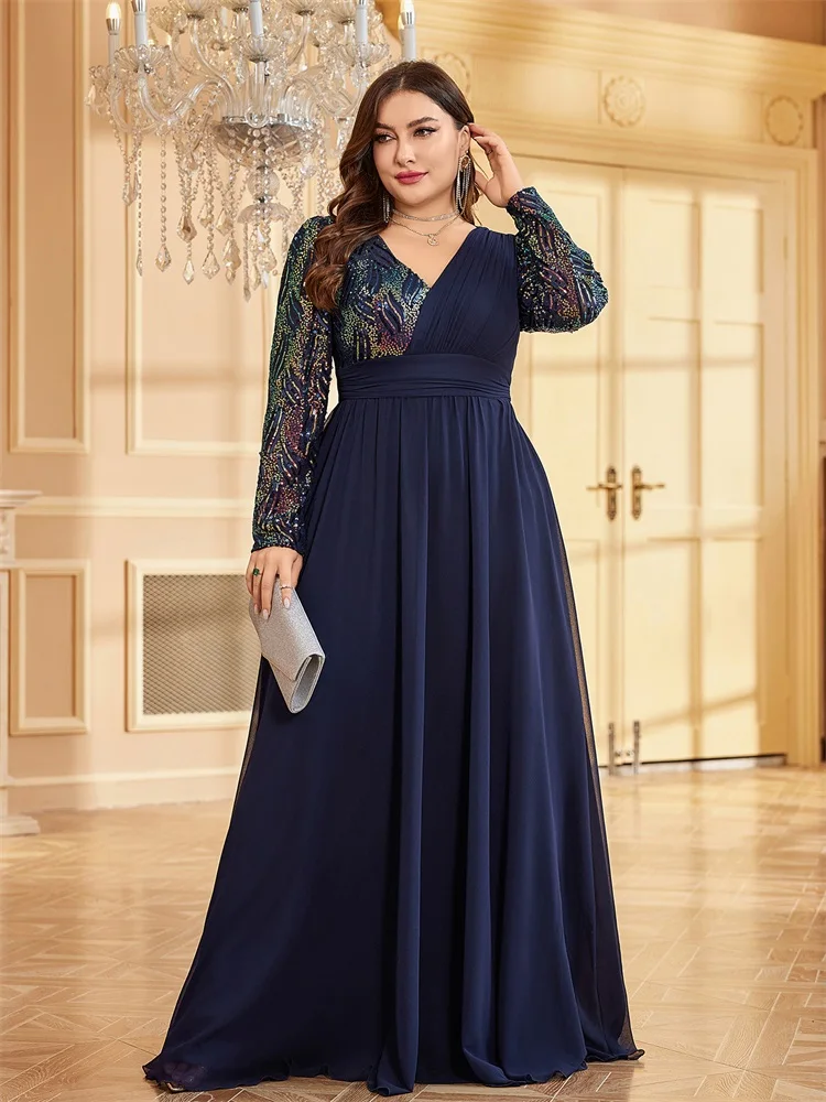 XUIBOL Plus Size Luxury Chiffon Long Sleeve Evening Dresses Women Sequin Blue Wedding Party Cocktail Prom Floor Lenght Gowns