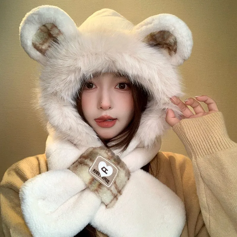 Cute eared velvet hat for women warm and cold-proof cycling scarf neck integrated cap