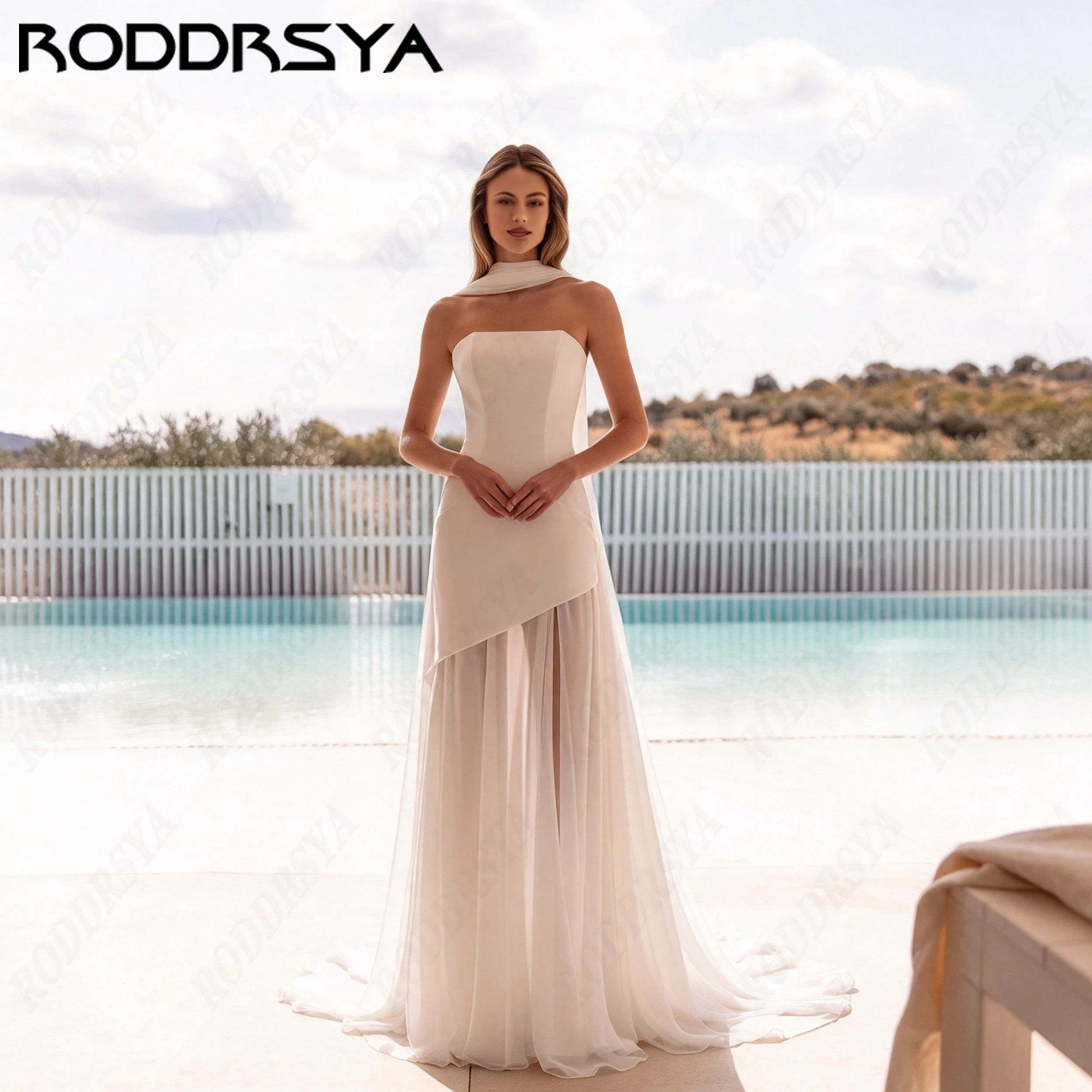 RODDRSYA Strapless Sleeveless Mermaid Wedding Dresses Chiffon Plain Bride Gown Court Train Romantic Open Back Bridal Dress