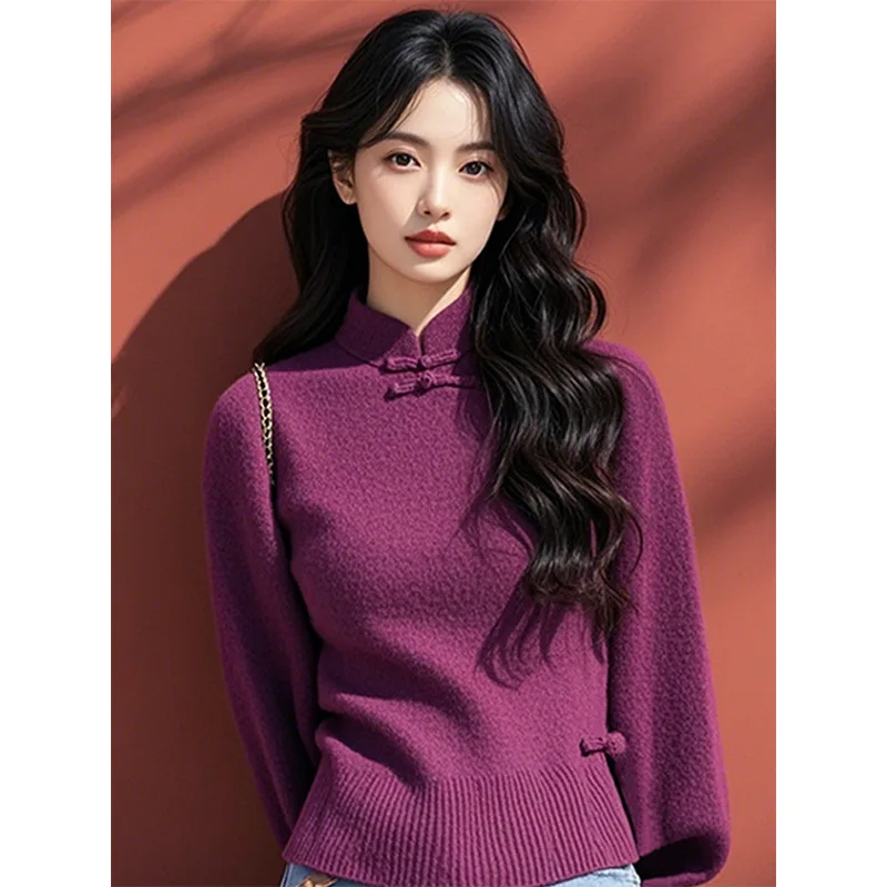 Boweylun-女性のための中国風ディスクバックルカラーセーター、女性のためのレトロなプルオーバー、紫、秋と冬、新しい