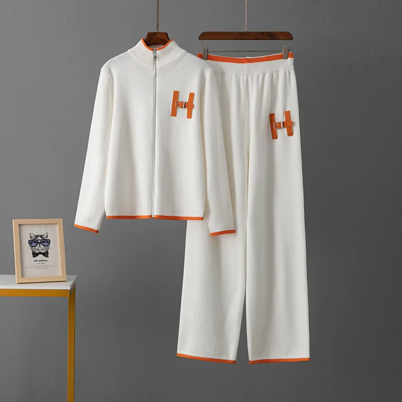 Knitted Sweater 2 Peice Set Women's Autumn Warm Zipper O-Neck Pullover Straight Jogging Pant Suits Casual Oversize Tracksuit