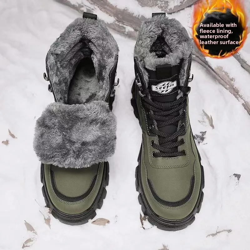 

Men's High-Top Fce Lined Boots Winter Outdoor Waterproof Non-Slip Cotton oes Snow Boots Inteated Leather Fur