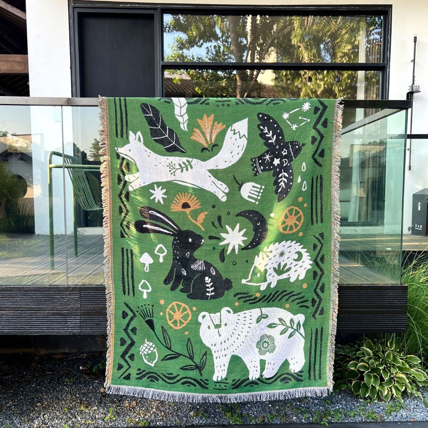 Whimsical Forest Animal Throw Blanket Vintage Style Woven Sofa Cover with Tassels Boho Green Tapestry for Kids Room Decor