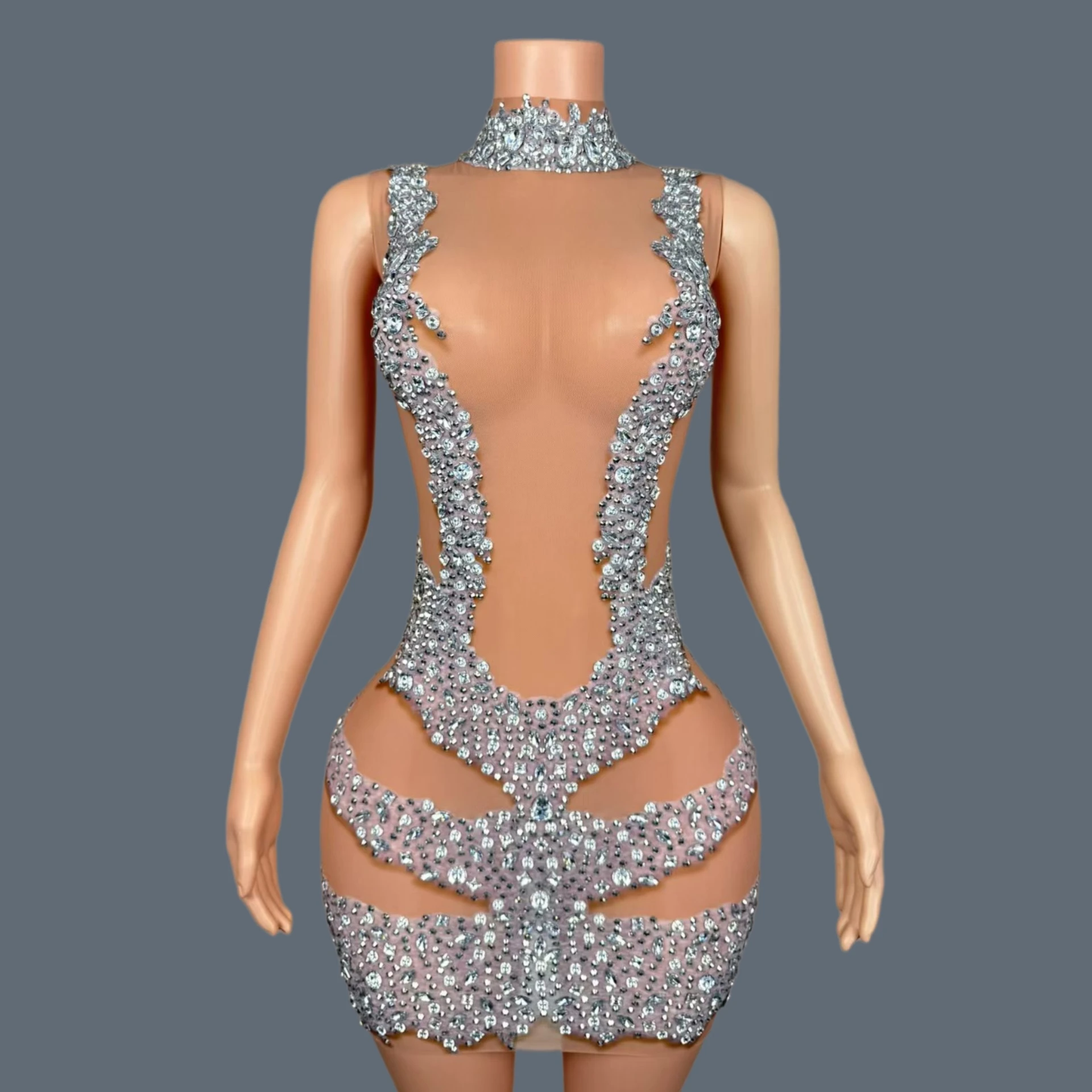 

Luxury Sparkly Rhinestone Cocktail Dress Sexy Women Transparent Mesh Crystals Mini Dress Birthday Party Bandage Outfit Huashu