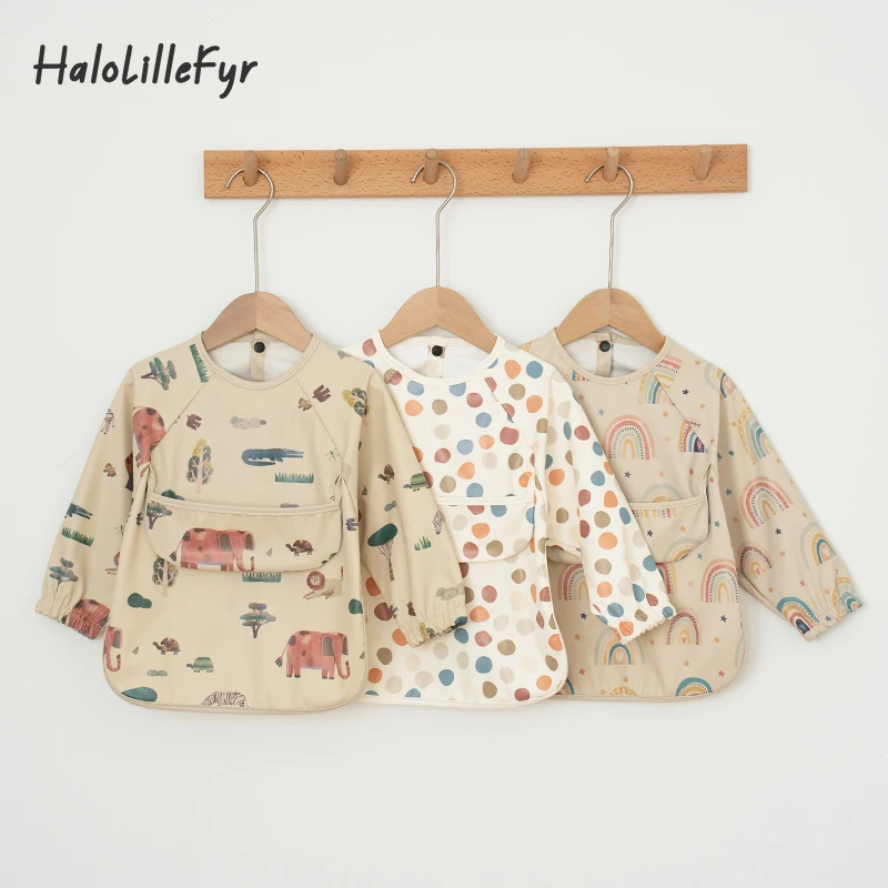 Baby Long Sleeve Bibs Cute Printed Pattern Art Smock with Pocket Easy To Clean Children's Feeding Apron for Toddler Boys Girls