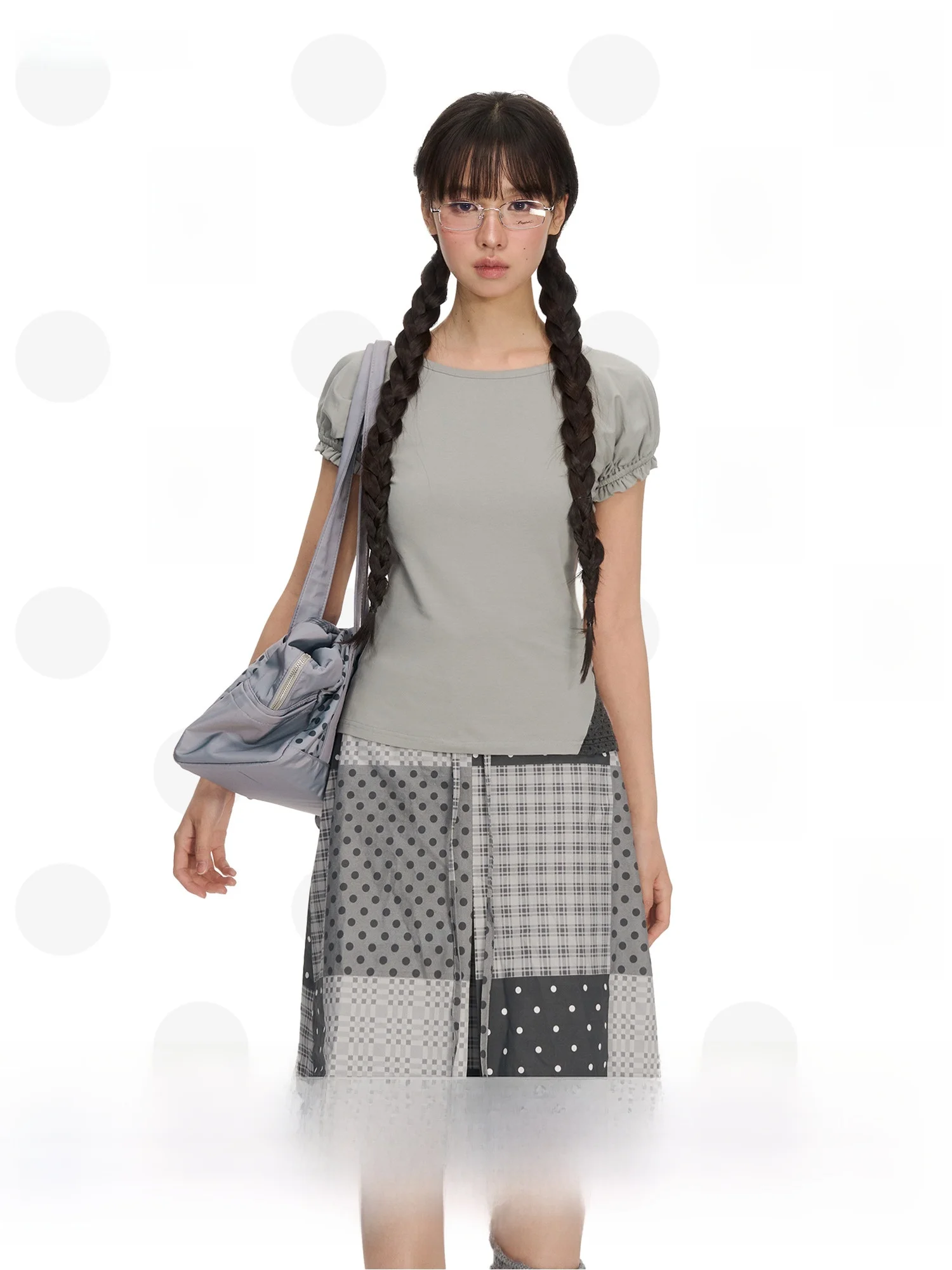 

NECY Original Bubble Sve T-irt Summer Sweet Cool ort Sve Women's Patchwork Design Slimming Cotton Blend round Ne