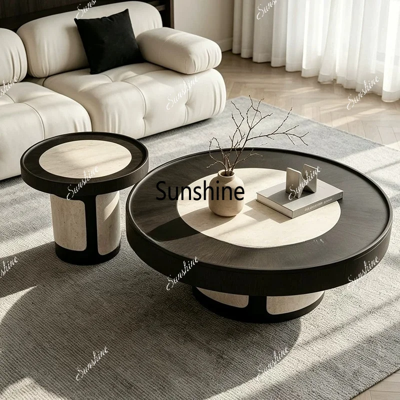 Wabi Sand Wind Imitation Travertine Coffee Table Combination Light Luxury Minimalist Living Room Round Edge Table