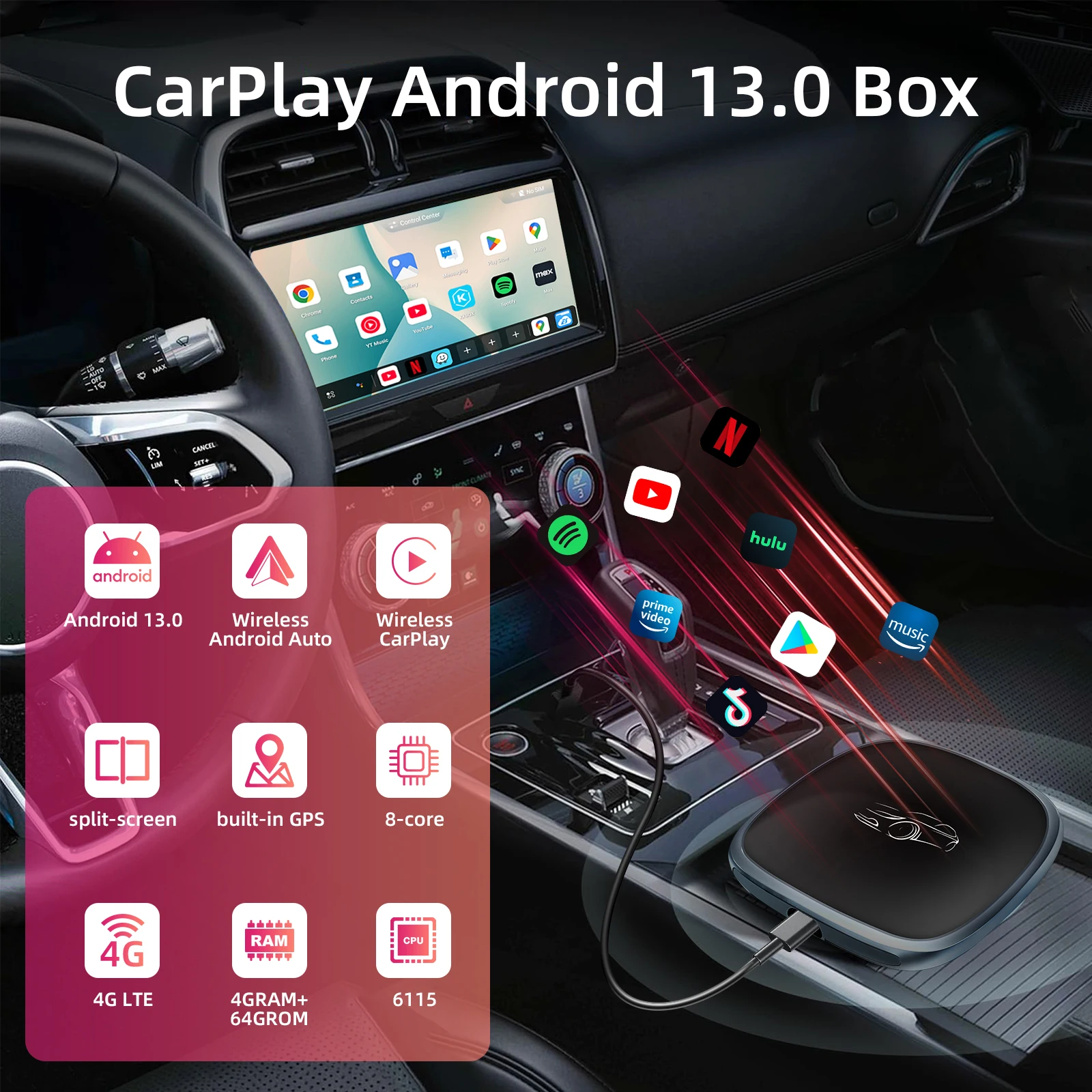 EzoneTronics CarPlay Android Ai Box Wired To Wireless Android  Qualcomm Octa-core 4G+64G Plug and Play