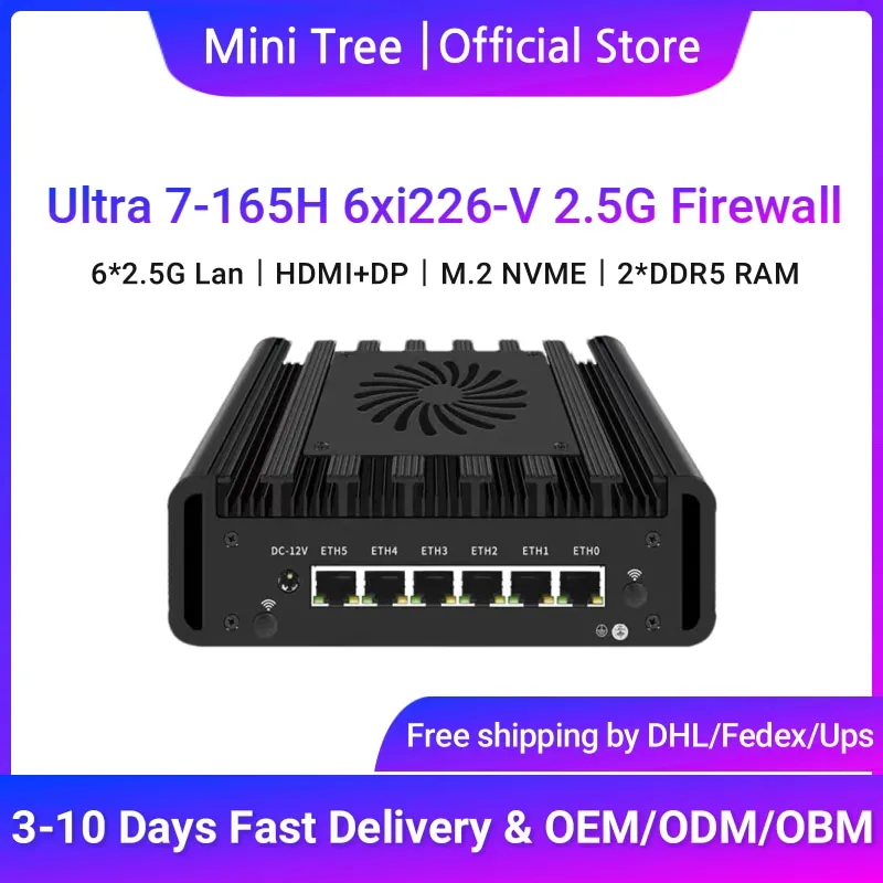 6xI226 2.5G Industrial Mini Firewall PC Appliance Intel Core Ultra7 165H 2xDDR5 RAM NVME SSD Linux Proxmox Mini Computer 5G SIM