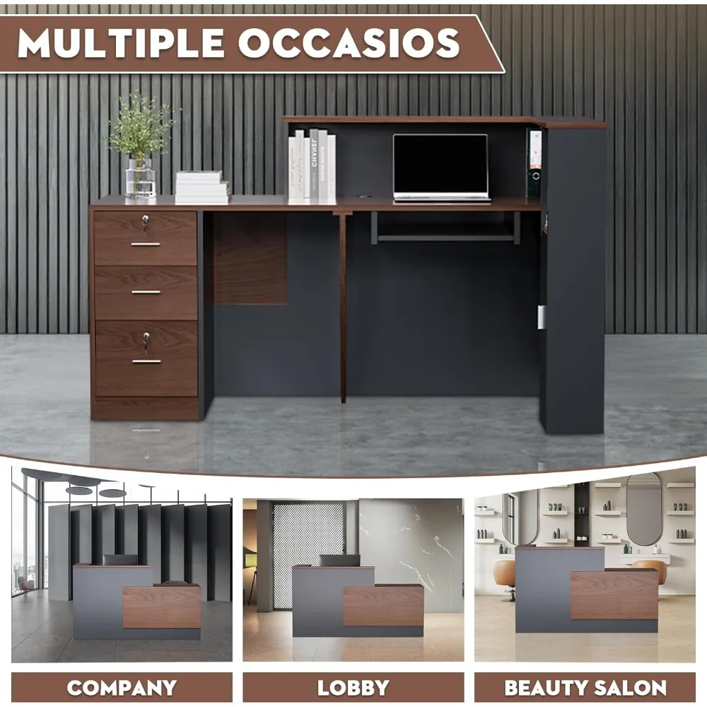 مكتب استقبال خشبي كبير على شكل حرف L، مكتب استقبال أمامي حديث مع أدراج قابلة للقفل وتخزين وصينية لوحة المفاتيح