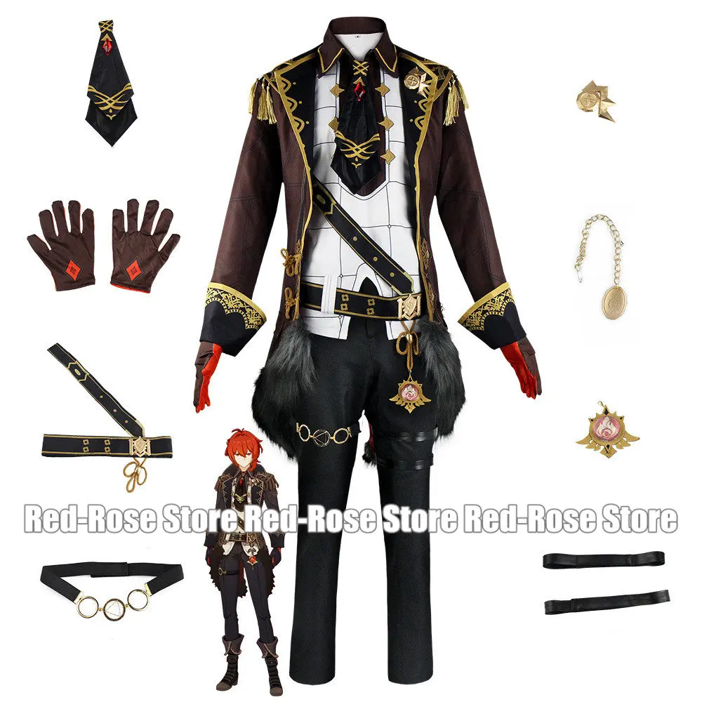 

Anime Game Diluc Genshin Impact Ragnvind Cosplay Costume Jacket Trousers Accessories Men's Full Set Halloween Day