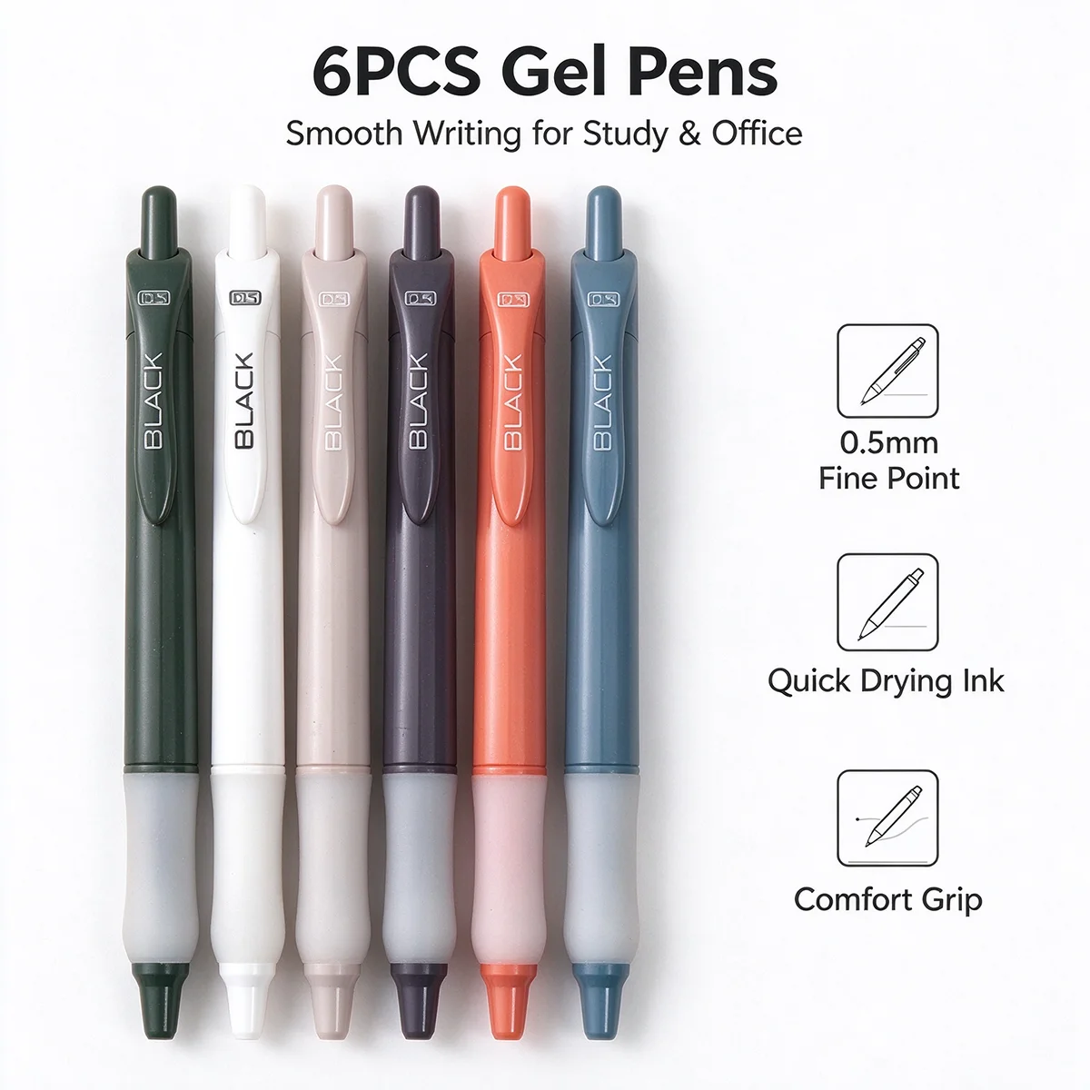 Retractable Gel Pen Set of 6, 0.5mm Fine Point, Smudge-Free Black Ink, Ergonomic Grip, Portable Clip for Office Note Taking & D