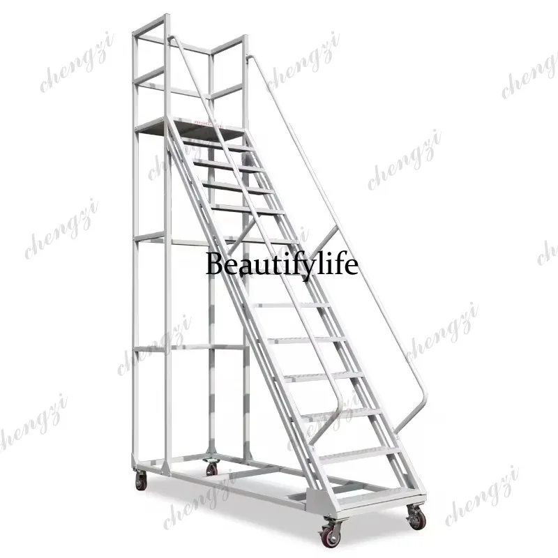 A81 High Capacity 500KG Safety Platform Ladder Cart With Secure Handrails For Warehouse Storage Cargo Equipment Rolling Step