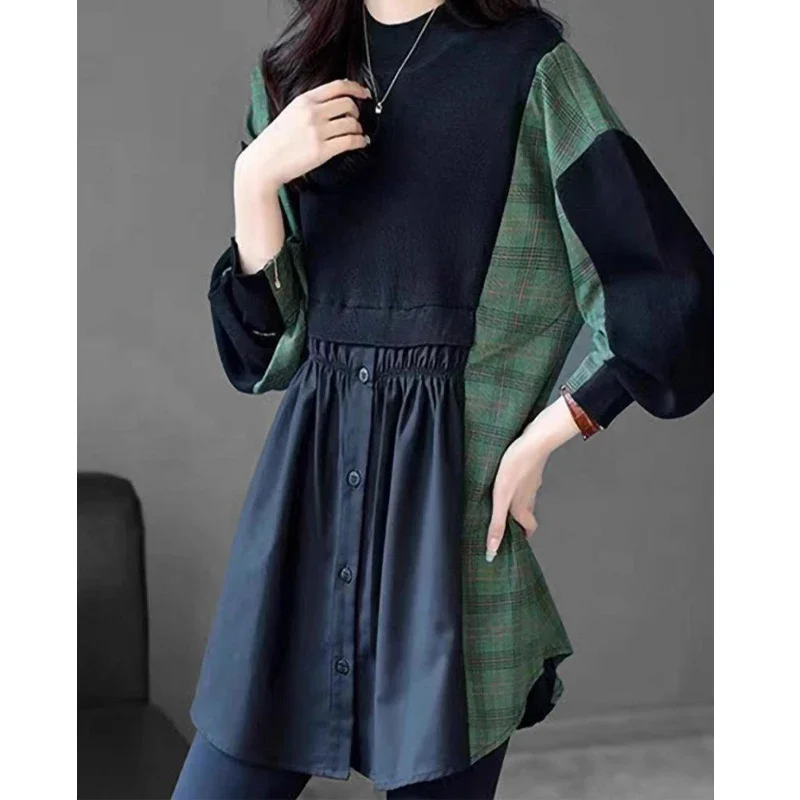 

Spring New Round Neck Long Sleeve Fashion Blouse Women High Street Button Pullovers Elegant Knitting Printing Chic Tops XQ231