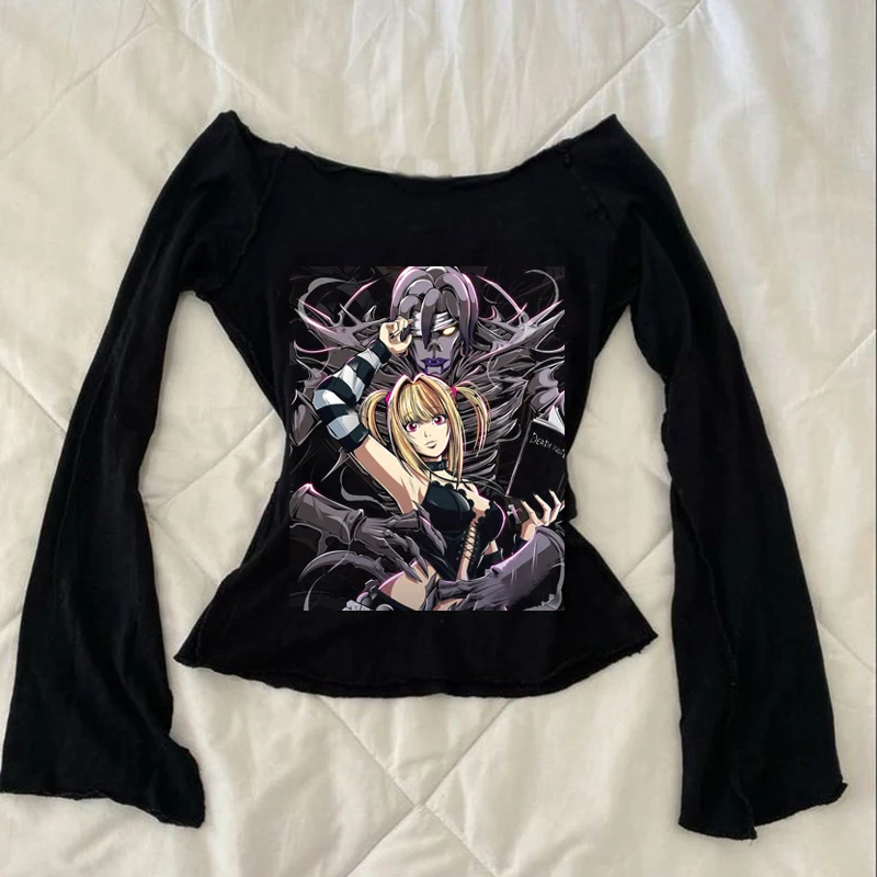 Punk Gothic Sexy Streetwear Slim Baby Tee 2000s Tops Y2k Fake Two Off Shoulder T-Shirts Harajuku Aesthetic Short Sleeve Clothing