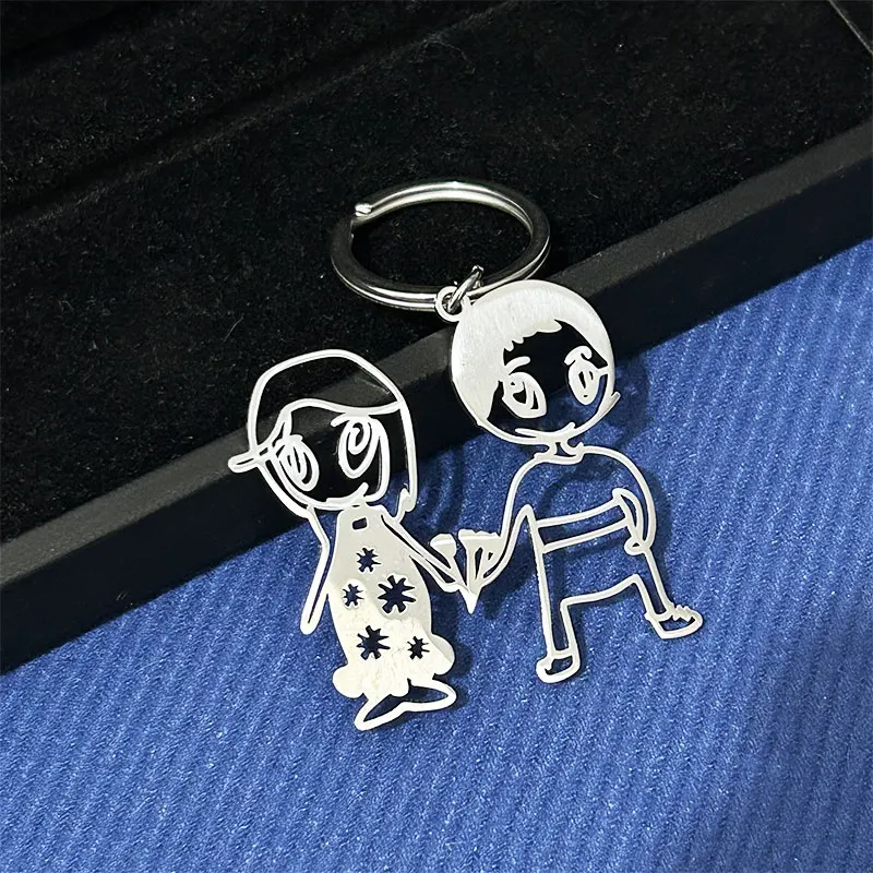 Custom Kids Drawing Personalized Keychain Children Metal Stainless Steel Graffiti Art Key Ring Family Birthday Jewelry Gifts
