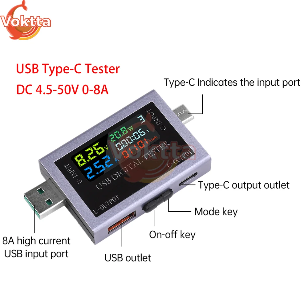 Dual USB Type-C Tester DC 4.5-50V 0-8A Multi-function Digital Display Voltage Ammeter Power Meter Power Bank Charging Tester