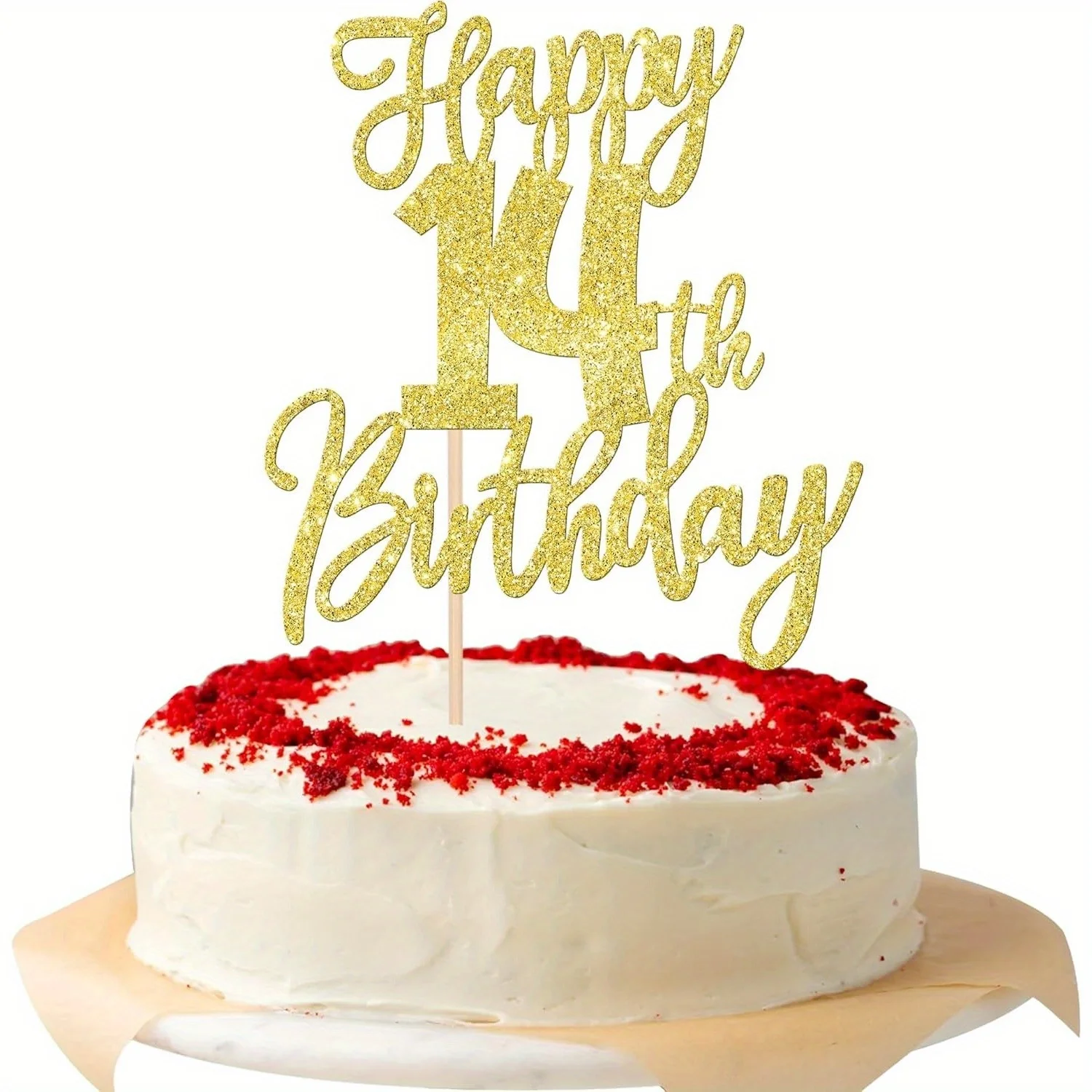 1 Stück goldener Glitzer-Kuchenaufsatz zum 14. Geburtstag – Prost bis 14 Jahre, vierzehn Hallo 14 Kuchendekoration – Detail 8