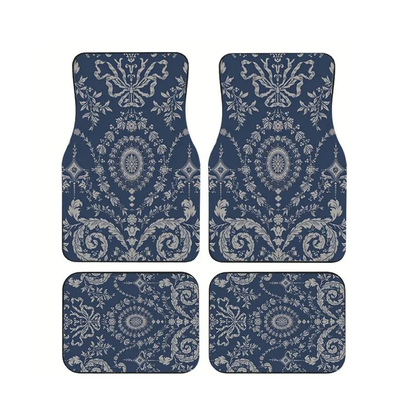 

Navy Blue Damask Floral Car Floor Mat 4pcs Elegant Vintage Style Universal Auto Foot Mats Non-slip Wear-resistant Classic Carpet