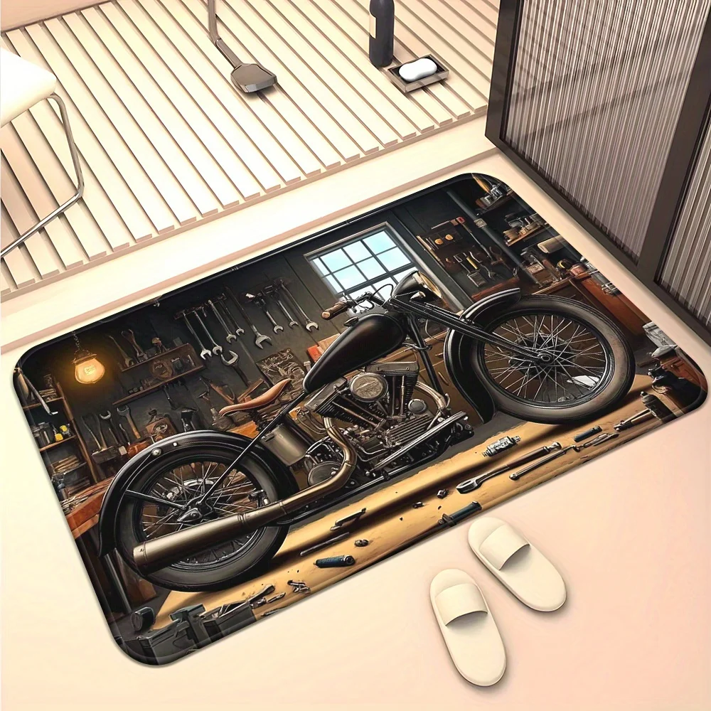 

Дизайнерский коврик в стиле ретро для мотоциклетной мастерской — для ванной комнаты, гаража, прихожей — винтажный декор для велосипеда, внутренний/наружный коврик
