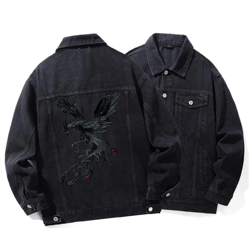 Denim Black Mens Jacket Phoenix Embroidered Loose Fit Veste Homme Autumn Quality Cotton Fashion Turn-Dowm Collar Chamarra Hombre