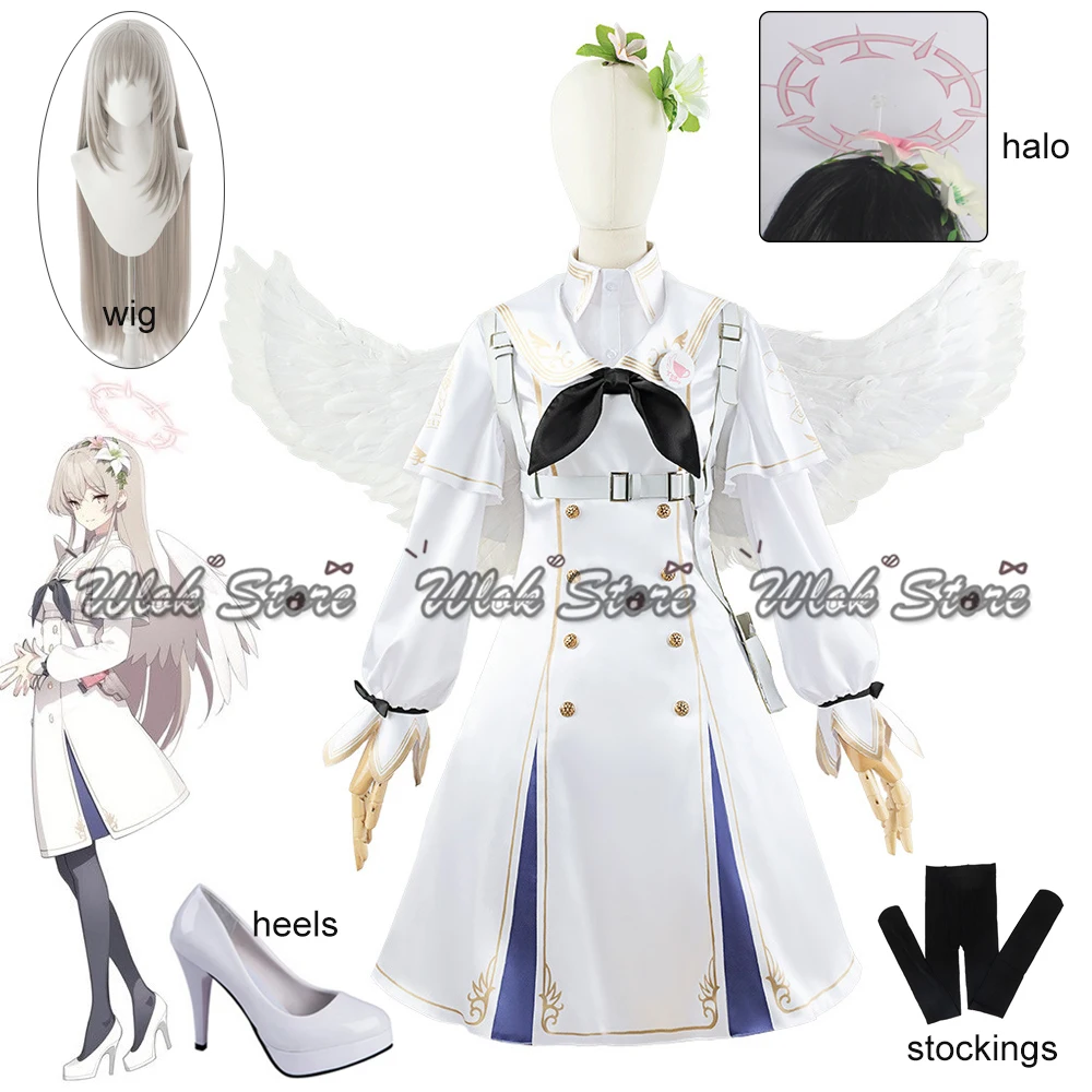 

Anime Game Blue Archive Cosplay Kirihuji Nagisa White Dress Wing Women Girl Halloween Cosplay Costume Flower Headwear Halo Wig