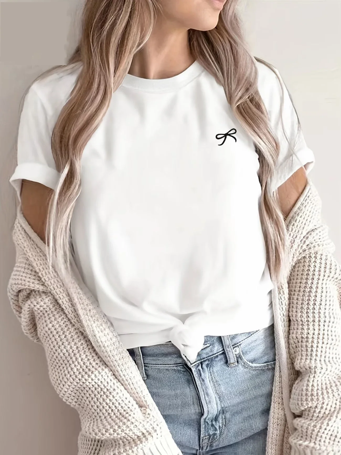 

Casual Butterfly Top Women's Summer Short Sleeve T-Shirt Cute Bow Print Crew Neck Tee Fashion Loose Fit Casual Streetwear Clothi