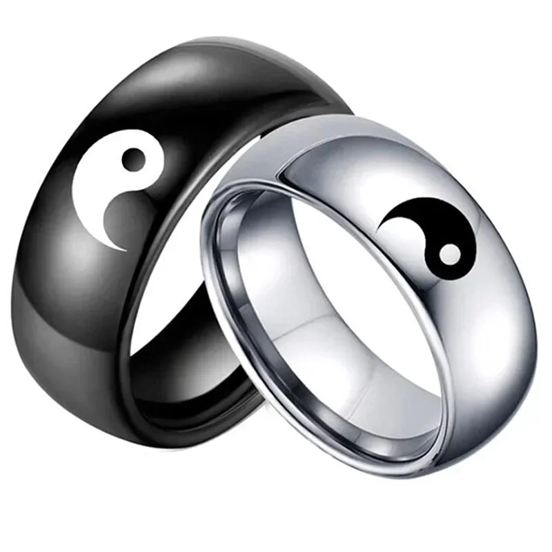 Yin Yang Tai Chi Titanium Steel Couple Rings Fashion Chinese Style For Men Women Punk Accessories Wedding Ring Wide Edge 8mm