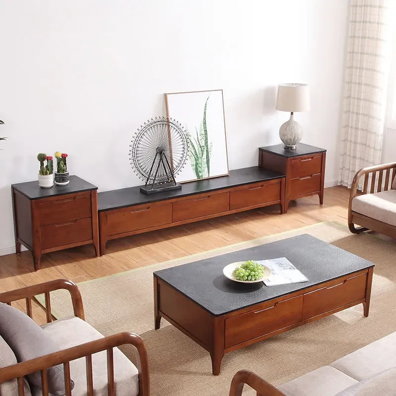 Nordic solid wood coffee table TV cabinet combination, modern simple small apartment rectangular marble countertop fhinese style