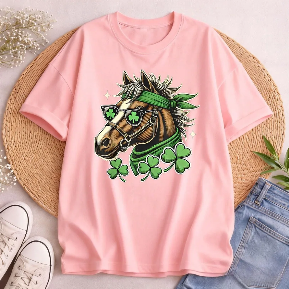 St. Patrick's Day Irish Leprechaun Horse Shamrock T-Shirt Funny Animal Graphic Tee Short Sleeve for Men Women Holiday Party Wear