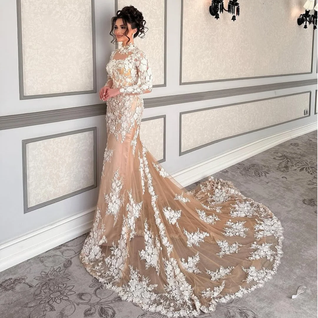 Champagne Mermaid Wedding Dresses 2025 Lace vestidos de novia Long Sleeves Evening Dress Customized Sweep Train robe de mariée