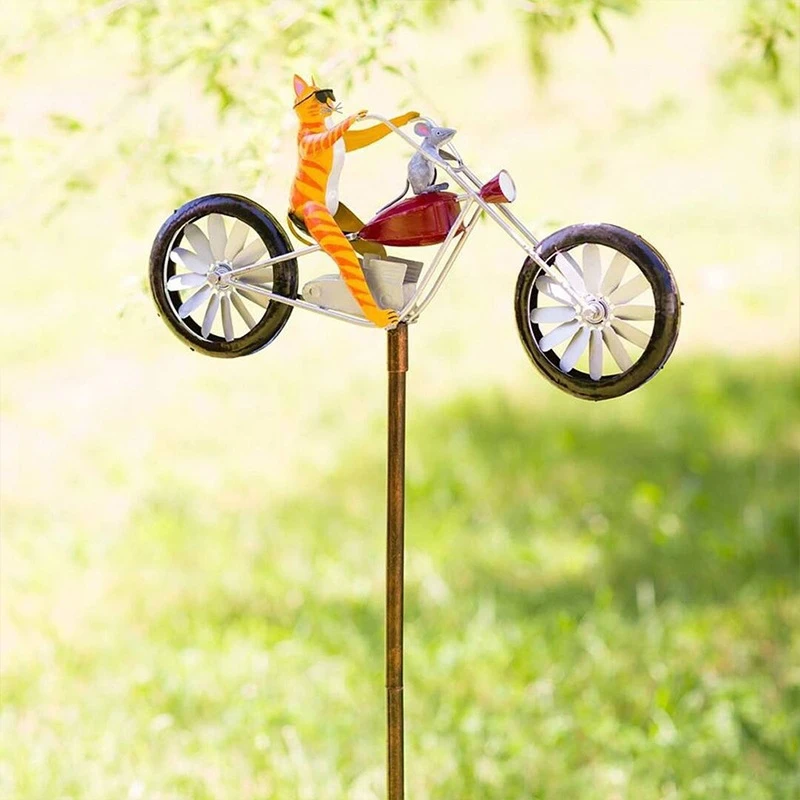 Riding Bicycle Wind Spinner Metal Garden Stake Windmill Ornament Animal Sculpture Yard Lawn Patio Decor Creative Outdoor Gift