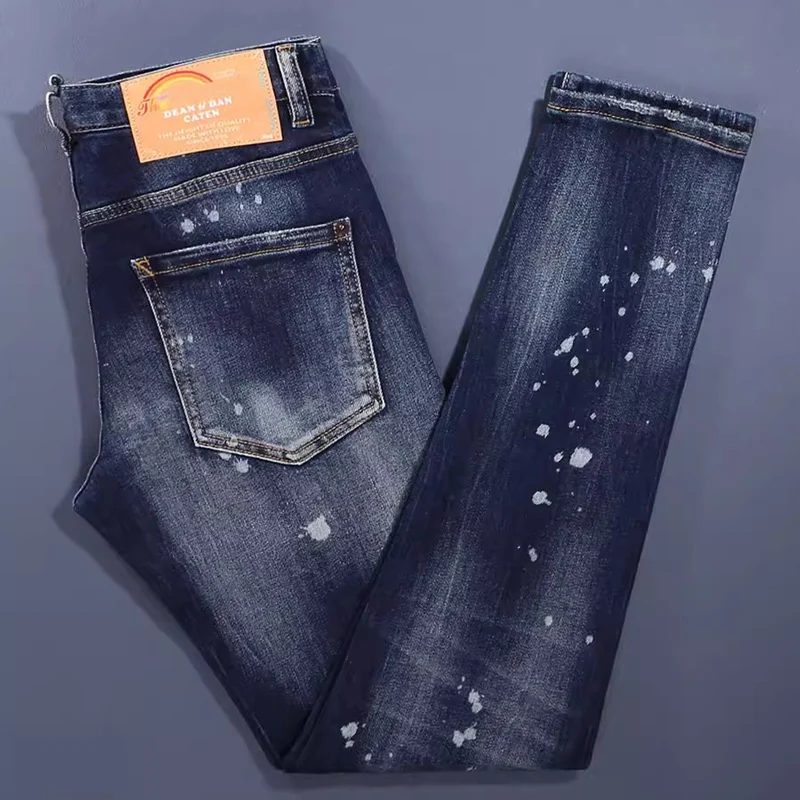 Men Deep‑Blue Whisker Washed White Ink Splatter Distressed Stretch Skinny Denim Jeans Hip‑Hop Streetwear Denim Jeanshombre