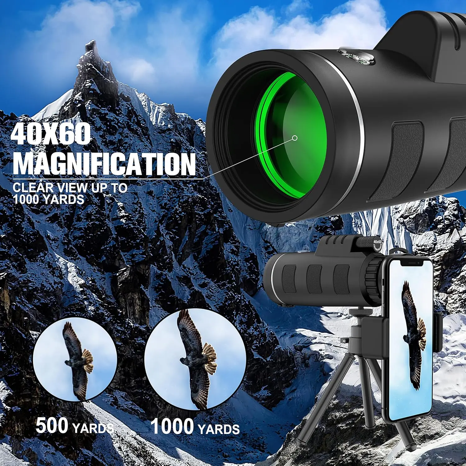 40x60 Monocular Telescope with Smartphone Adapter, BAK4 Prism FMC Monocular with Clear Low Light Vision for Wildlife Hunting Cam