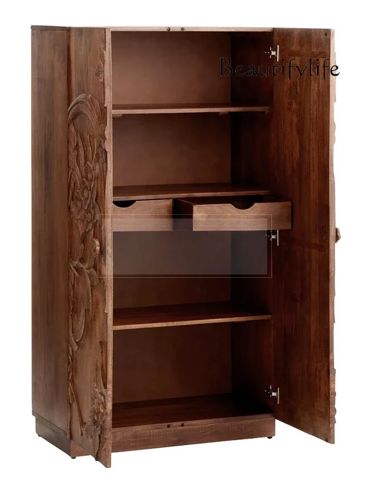 

غرفة نوم كاملة أثاث French Retro Solid Wood Wardrobe Mid-Ancient Walnut Double Door Hallway Locker Modern Minimalist Wardrobe