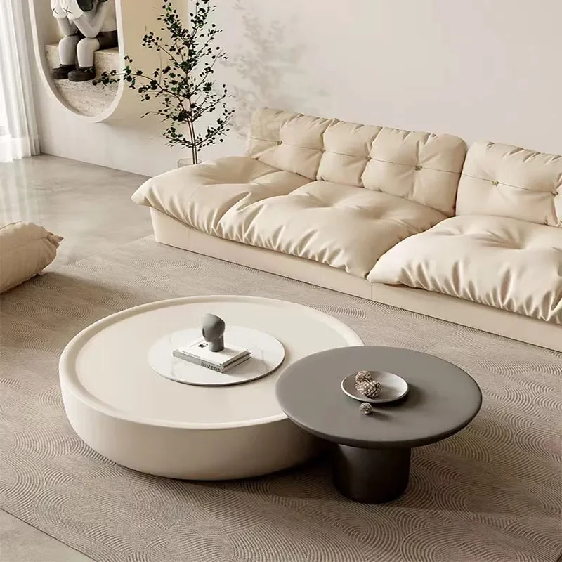 Round Coffee Table Set Wabi Sabi Cream Style Small Living Room Furniture Modern Minimalist Low Profile End Table Combo for