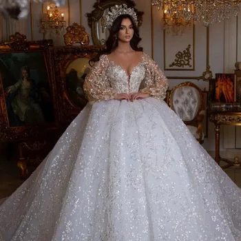 Klassische Ballkleid Illusion Puffy Lange Ärmel Brautkleider Glitter Pailletten Applikationen Braut Kleider Vestidos De Noiva Anpassen