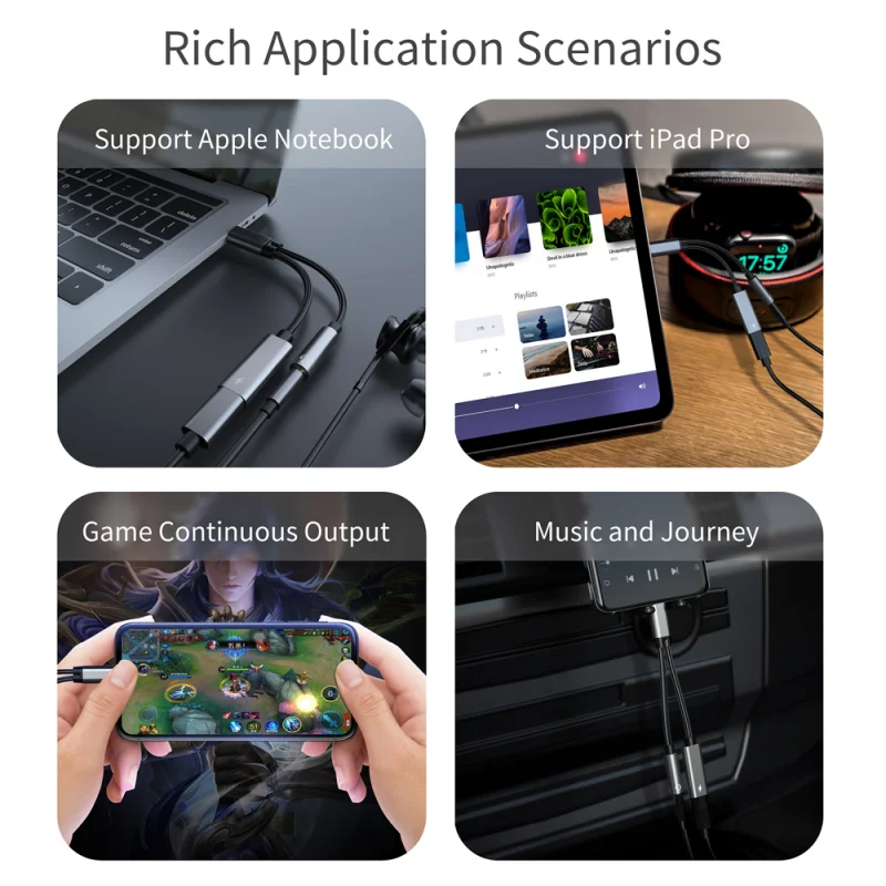 อะแดปเตอร์แจ็ค Type C เป็น3.5มม. USB พร้อมสายสัญญาณเสียง OTG HIFI 60W PD USB-C ตัวแปลงต่อหูฟัง3.5มม.