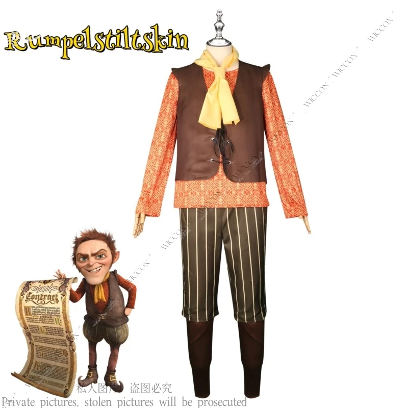 

Monster Rumpelstiltskin Cosplay Costume Fancy Uniform T Shirt Brown Vest Trousers Yellow Scraf Halloween Role Playing King Dwarf