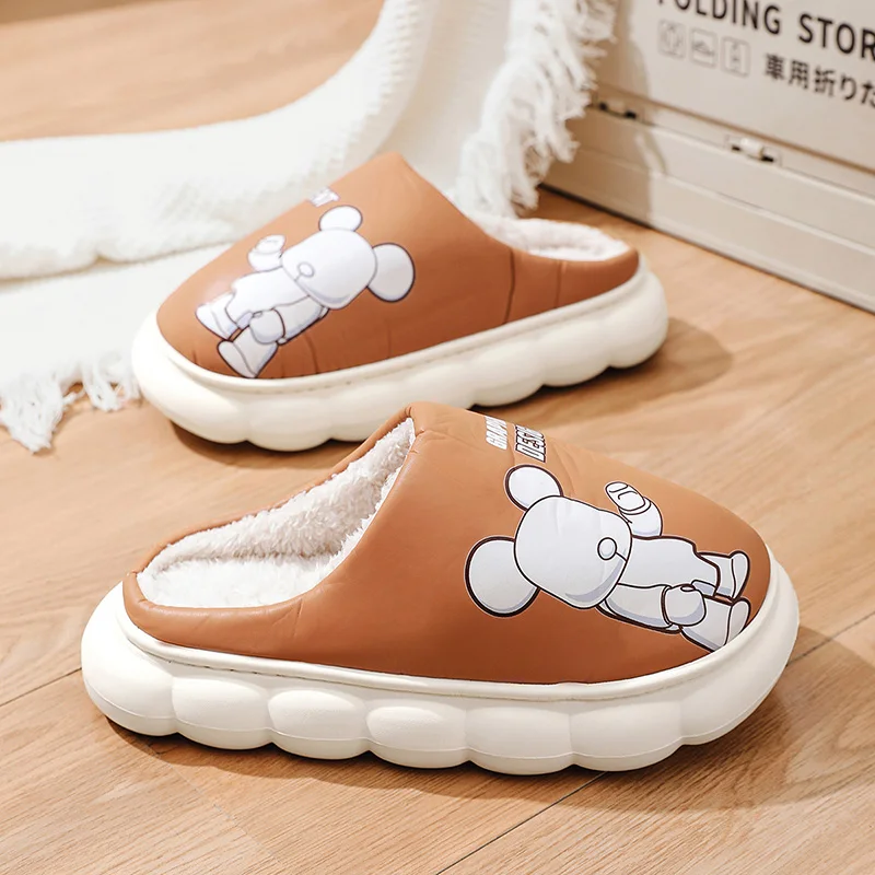 Winter Indoor Plush Slippers Men Comfortable Platform Warm Home Slippers For Man Fashion Brown Print House Men's Furry Slippers