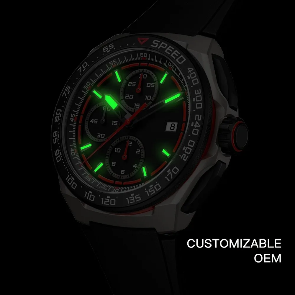 42 مللي متر VK67 ساعة يد تعمل بالحركة حافظة خضراء مضيئة مقاومة للماء من الفولاذ المقاوم للصدأ المطاط حزام ساعة رجالية رياضية عصرية