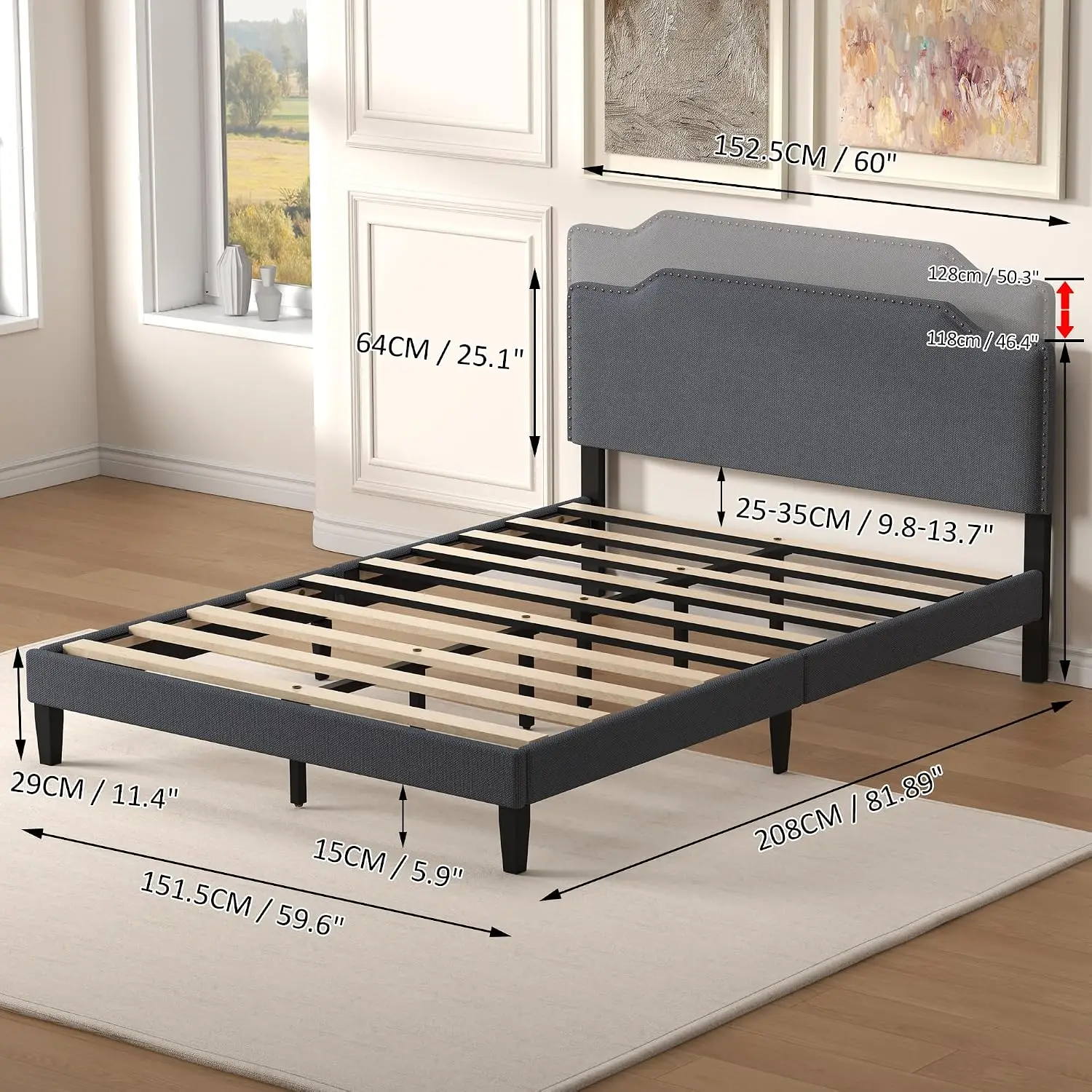 Queen Bed Frame Adjustable Headboard Platform Metal Support No Box Spring Needed, Customized