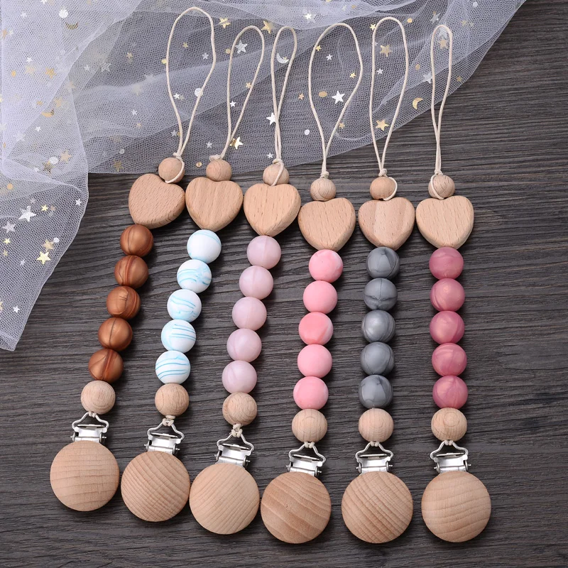 Baby Beech Pacifier Clips Heart Wood Silicone Pacifier Chain Newborn Pacifier Clip Pendant Dummy Nipple Holder Anti-drop Holder