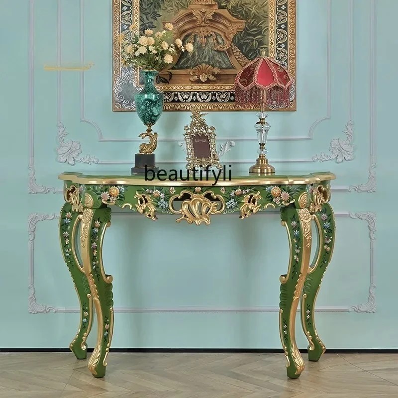 French court entrance table solid wood heavy industry painted flowers 1.3 meters foyer decorative entrance platform