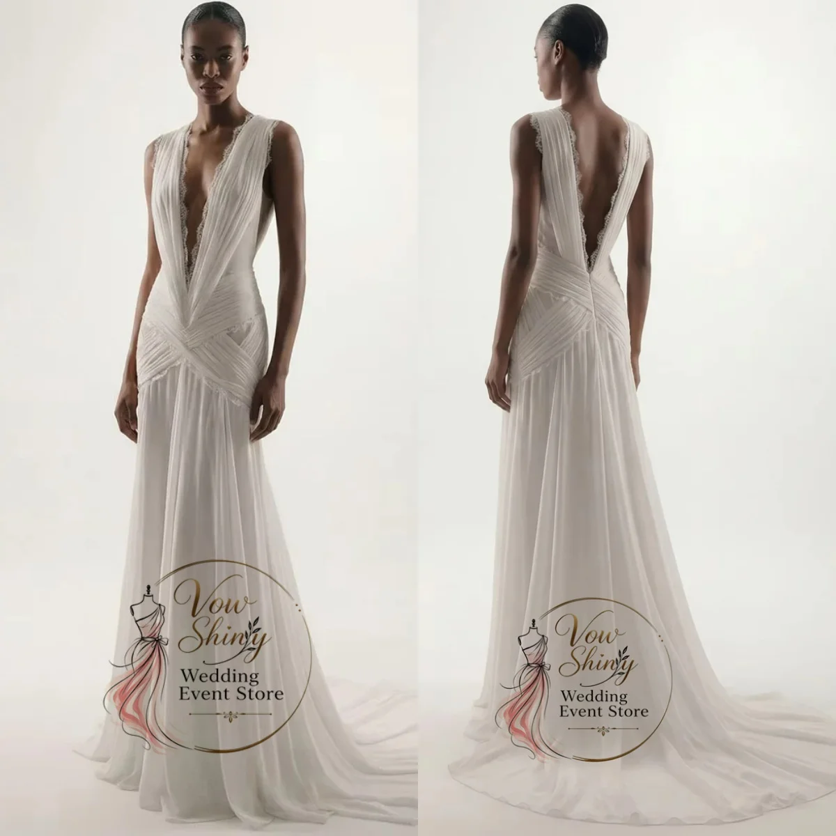Vow Shiny Sexy Chiffon Boho Wedding Dresses Deep V Neck Mermaid Bridal Gown Customized Robe De Mariée Lace Edge Sleeveless 2027